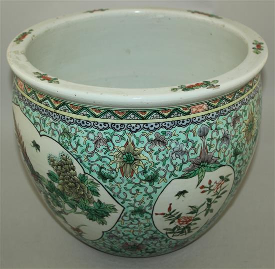 A Chinese famille verte goldfish bowl, late 19th century, diam.30cm, star crack to base